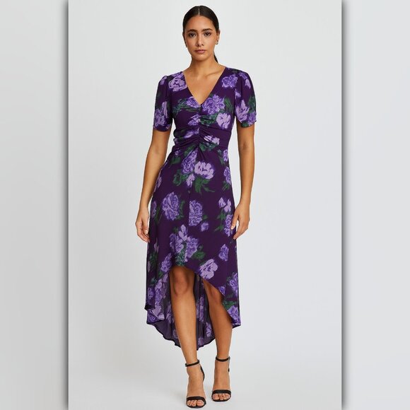 A447 • Purple Floral Ruched Midi Dress with High-Low Hem - Picture 1 of 4